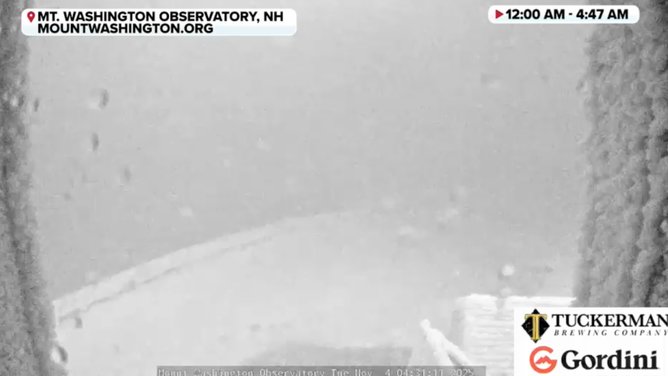 Precipitation hits the camera atop Mount Washington during 100 mph winds.